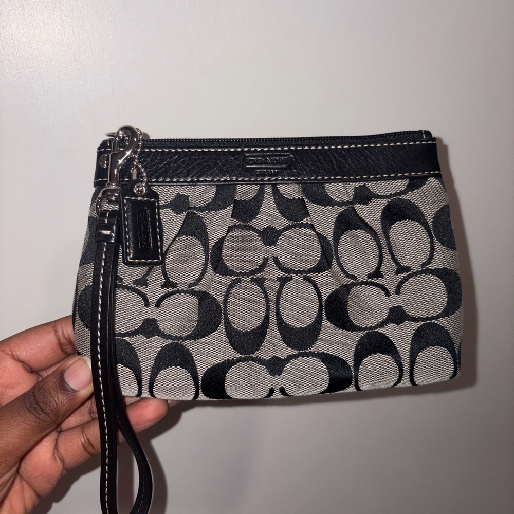 Coach Black and Grey Signature Canvas Wristlet